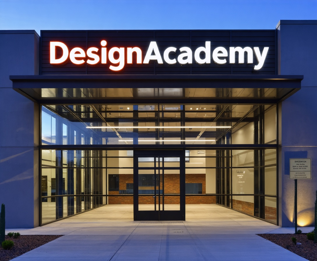 Современный стеклянный вход в здание DesignAcademy в Остине